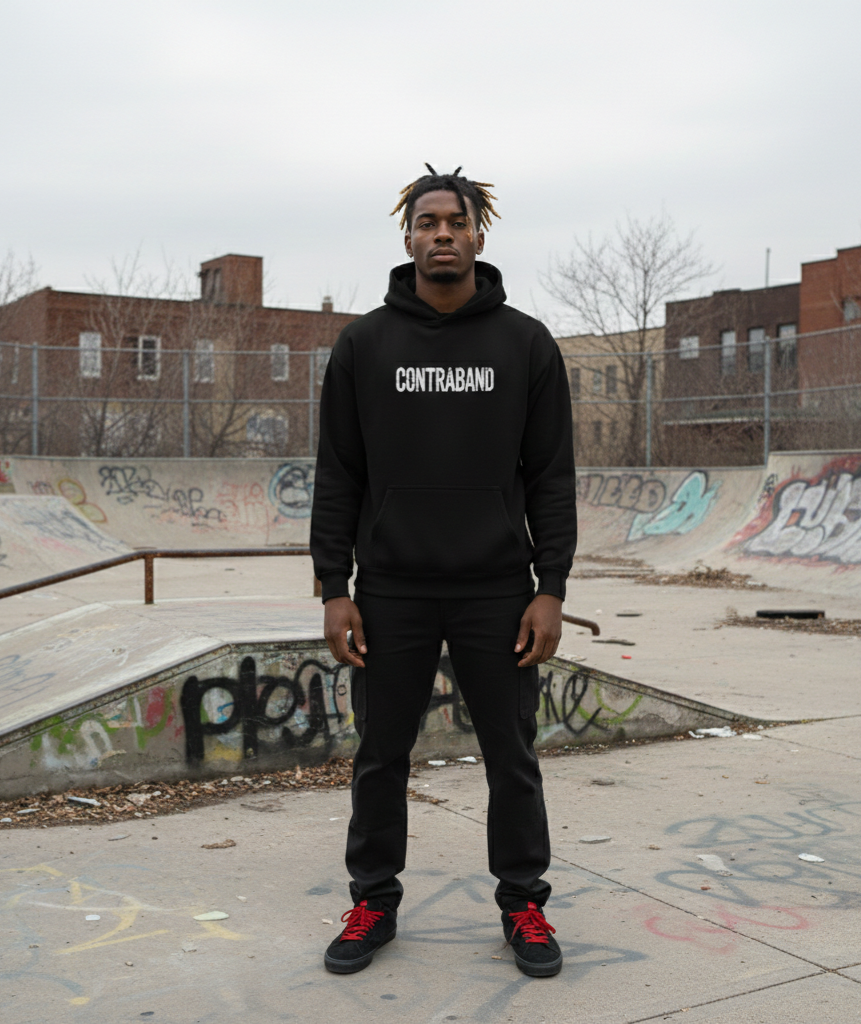 Model wearing a black Contraband Culture hoodie in a concrete skatepark